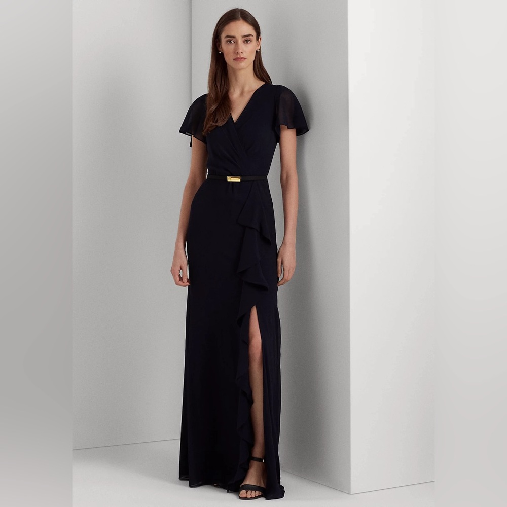 Lauren Ralph Lauren Belted Georgette Gown With Slit, Dark Navy, 12 Petite